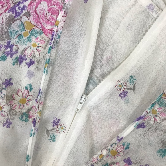 Vintage l 80s S Sheer Floral Daisy Cottagecore Flutter Sleeve Pleated Boho Dress - Picture 12 of 14